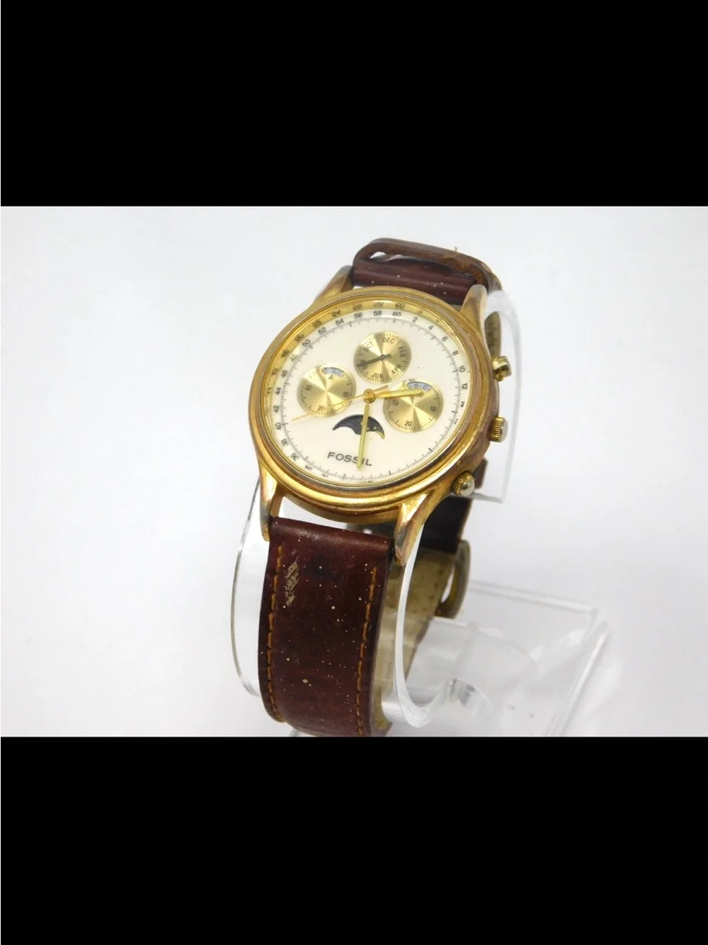 Fossil BQ 8443 Vintage 1995 Watch Moon Phase Gold Brown Leather Band Collectible